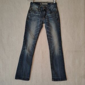 BKE Aiden Jeans Size 25x29 Blue Faded Straight Buckle Thick Stitch Embroidered